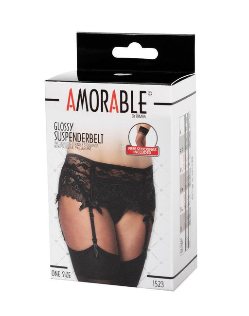 Amorable - Kanten Jarretelgordel Met Open Achterkant - Inclusief String En Kousen - Zwart