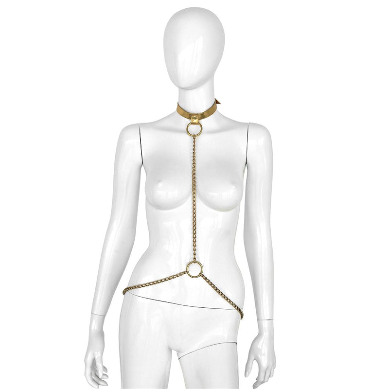 Kiotos - Collar - Goud Leren Halsband met Gouden Kettingen - Verstelbaar