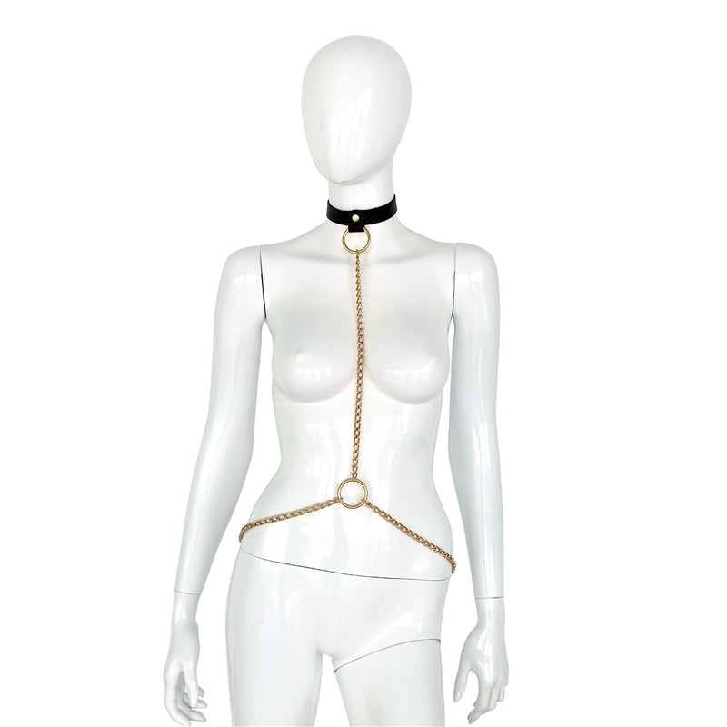 Kiotos Deluxe - Collar - Zwart Leren Halsband met Gouden Kettingen - Verstelbaar