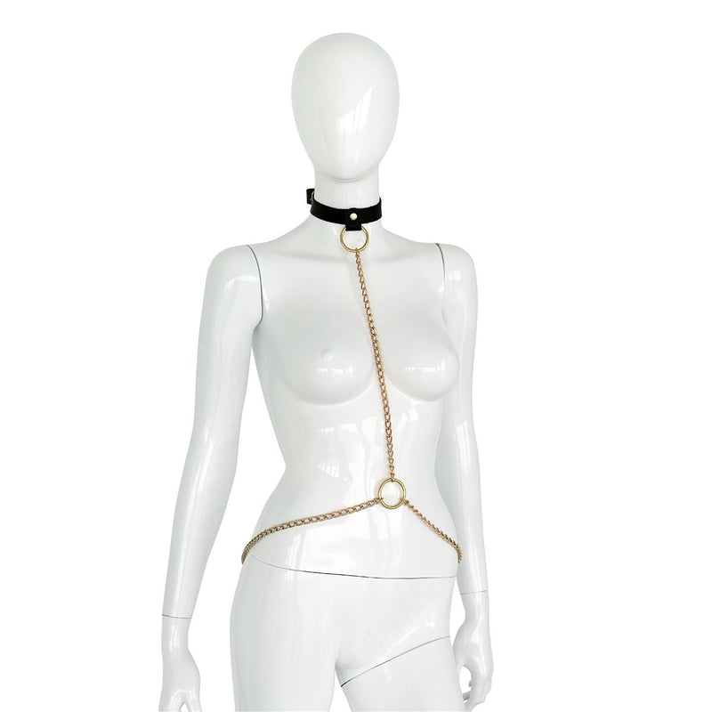 Kiotos Deluxe - Collar - Zwart Leren Halsband met Gouden Kettingen - Verstelbaar