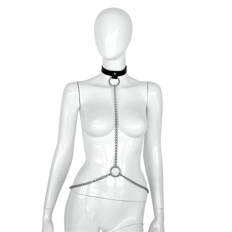 Kiotos Deluxe - Collar - Zwart Leren Halsband met Zilveren Kettingen - Verstelbaar