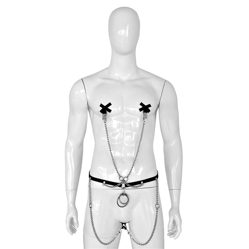Kiotos Leather - Body Harnas - Leren Riemen Body - Heupriem met Klemmen voor Tepels en Geslachtsdeel - Verstelbaar