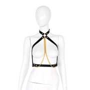 Kiotos Leather - Body Harnas - Leren Riemen Body met Gouden Ketting - Verstelbaar - Zwart Goud