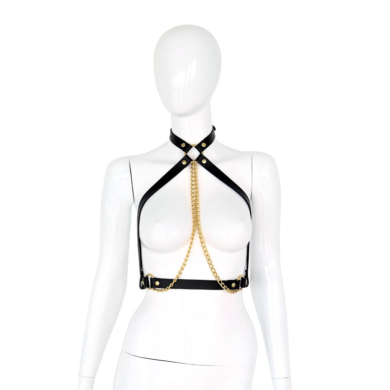 Kiotos Leather - Body Harnas - Leren Riemen Body met Gouden Ketting - Verstelbaar - Zwart Goud