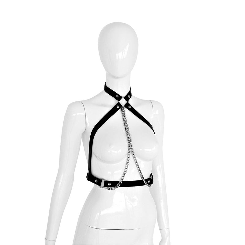 Kiotos Leather - Body Harnas - Leren Riemen Body met Zilveren Ketting - Verstelbaar - Zwart Zilver