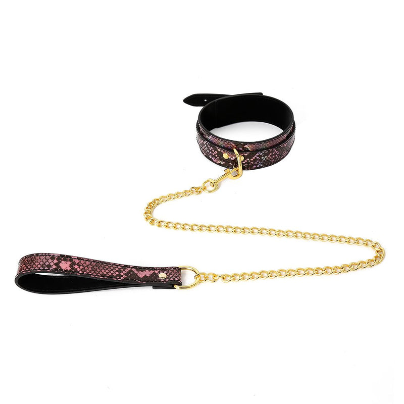 Kiotos Leather - Collar En Leiband Met Reptielenprint - Goud/Roze - veganistisch vriendelijk