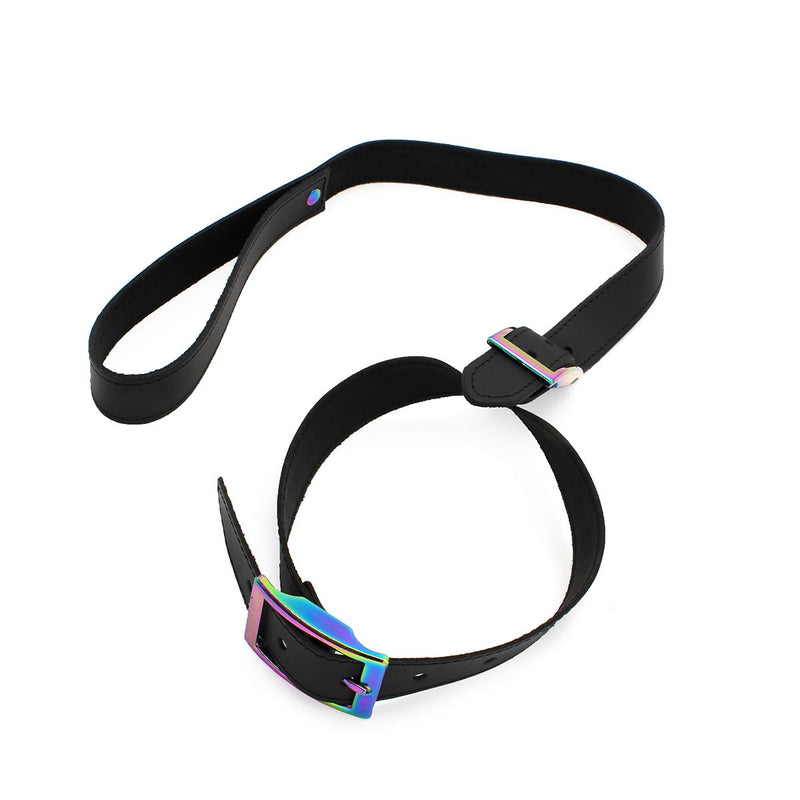 Kiotos Leather - Leren Collar Met Leiband Met Rainbow Gekleurde Metalen Gesp