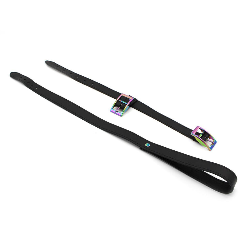 Kiotos Leather - Leren Collar Met Leiband Met Rainbow Gekleurde Metalen Gesp