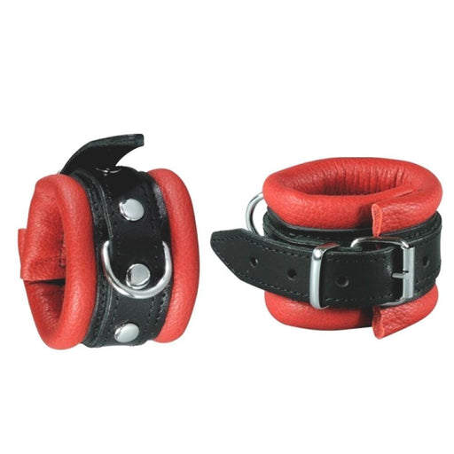 Kiotos Leather - Leren handboeien 5 cm Breed Gevoerd - Zwart/Rood