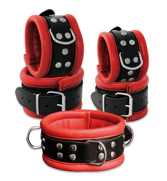 Kiotos Leather - Leren handboeien 6.5 cm Breed Gevoerd - Rood/Zwart