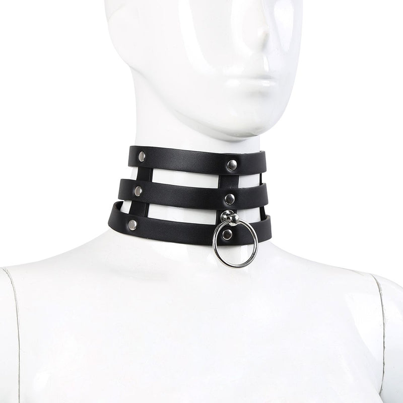 Kiotos Leather - Triple O-Ring Collar - Body Safe Kunstleer - Omtrek: 29/38 cm - 60 gr