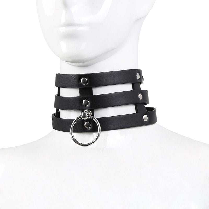 Kiotos Leather - Triple O-Ring Collar - Body Safe Kunstleer - Omtrek: 29/38 cm - 60 gr