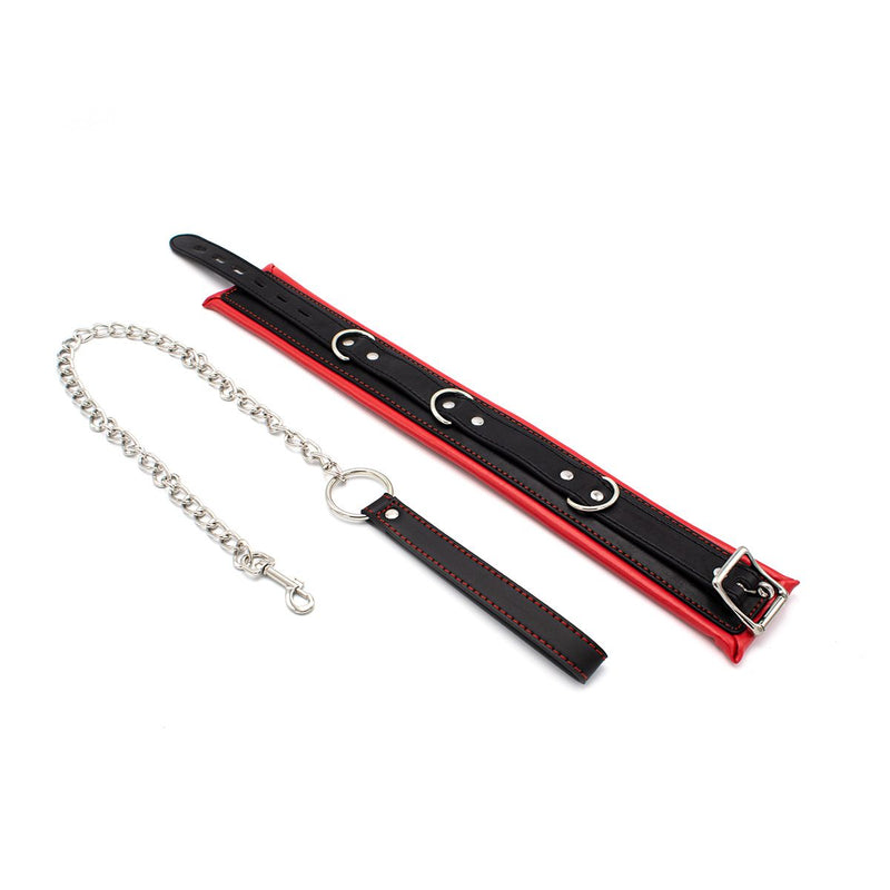 Kiotos Leather - Zwarte Leren collar Met rode voering En leash