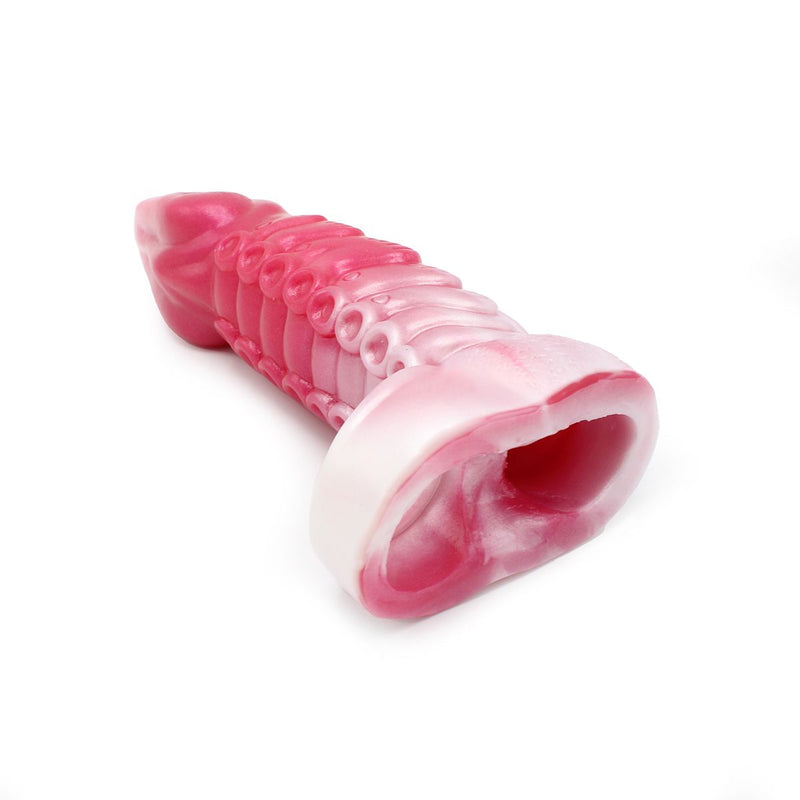 Kiotos Monstar 10 - Penis Sleeve - Penisverlenging - Met Ball Stretcher Opening - Inbreng Lengte 180 mm - Siliconen - Roze Wit