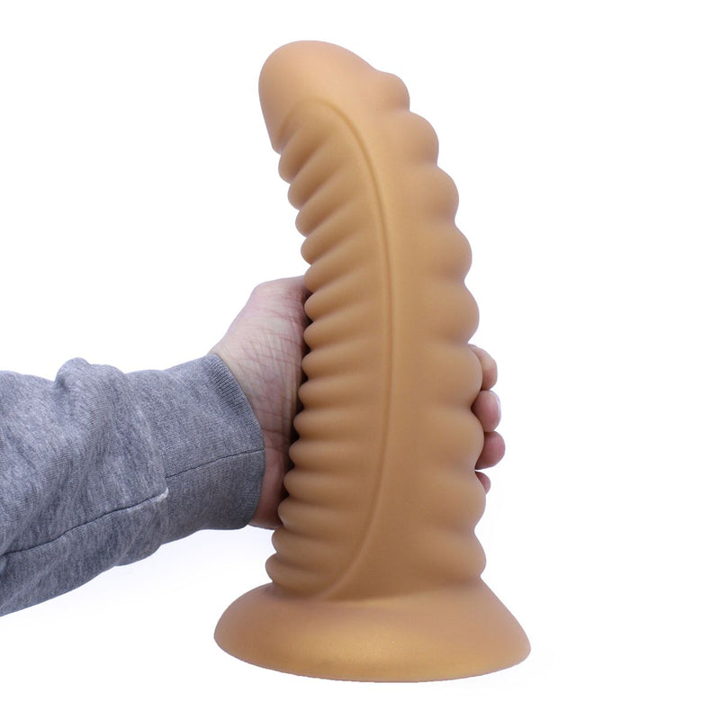 Kiotos - Ribbed Penis XL Shinny Flesh Suction Dildo - Amazing Shinny Gold/Flesh Silicone - 8 cm diameter x 30 cm lang