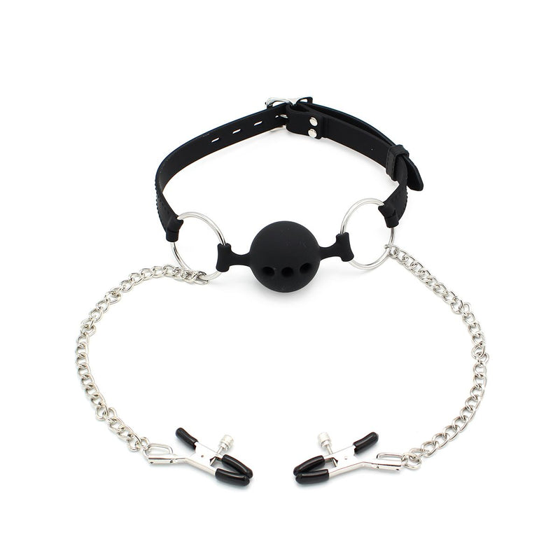 Kiotos - Siliconen Ball Gag Met Tepelklemmen