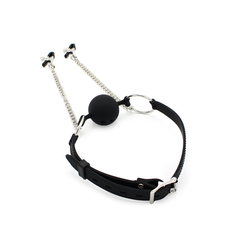 Kiotos - Siliconen Ball Gag Met Tepelklemmen