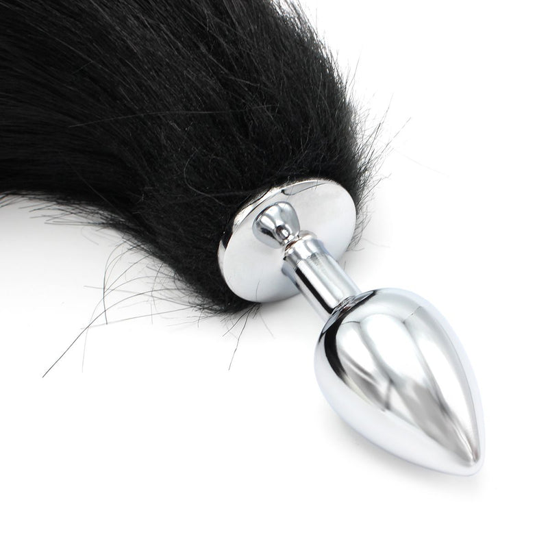 Kiotos - RVS Buttplug Met Vossenstaart Kunstbont - Zwart - Maat S