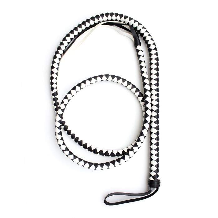 Lange gevlochten single tail - Bull Whip - 190 cm lang - Wit/Zwart