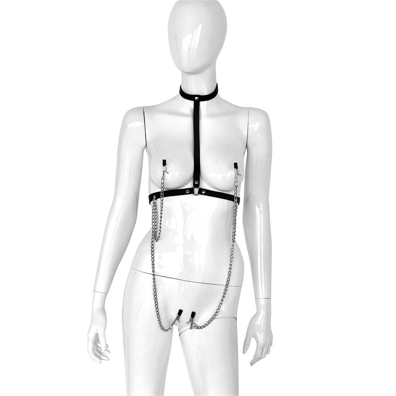 Kiotos - Lederen Collar Chest met 4 Clamps - Dé Ultieme Sensatie voor BDSM Liefhebbers!