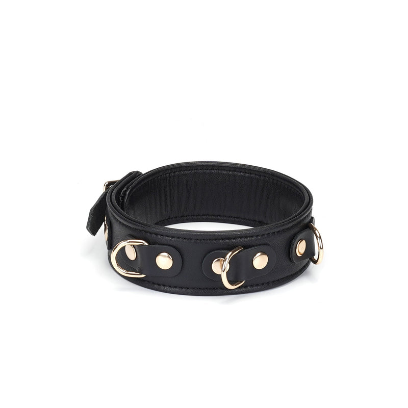 Liebe Seele - Dark Secret - Exclusieve Lederen Collar Met Leiband- Goud Metalen Hardware - Zwart/Goud