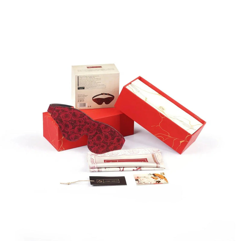 Liebe Seele - Kinbaku Ukiyoe - Lamslederen Blinddoek - Rood met Zwarte Rozen Print - Iets Héél Bijzonders! - Import uit Japan