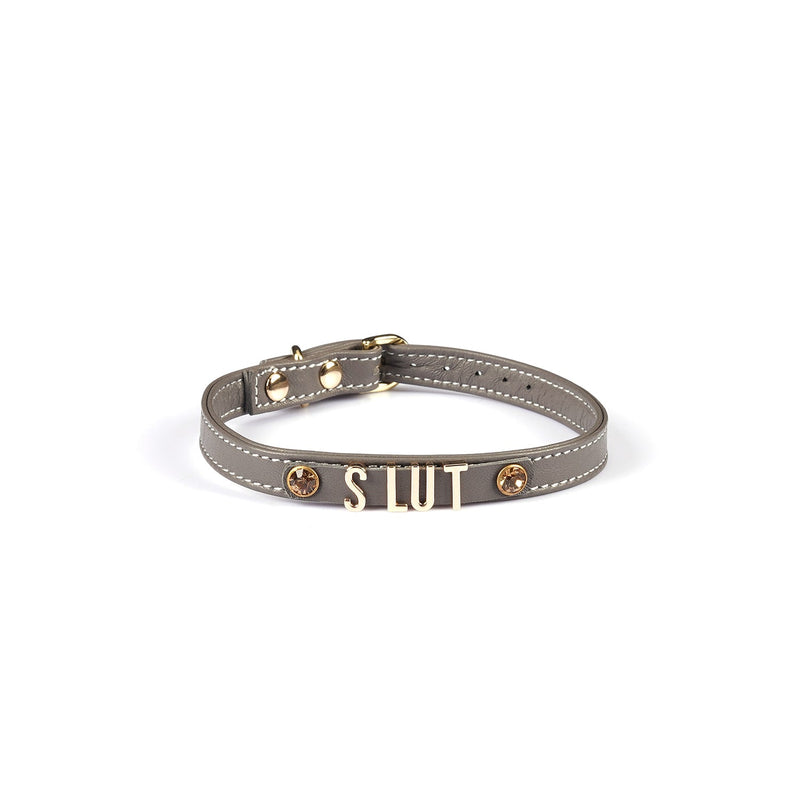 Liebe Seele - Smalle Collar Met Gouden Letters - Slut - Italiaans Kwaliteitsleder - Grijs