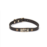 Liebe Seele - Smalle Collar Met Gouden Letters en Sierkristallen - Bitch - Italiaans Kwaliteitsleder - Zwart