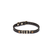 Liebe Seele - Smalle Collar Met Gouden Letters en Sierkristallen - Slut - Italiaans Kwaliteitsleder - Zwart