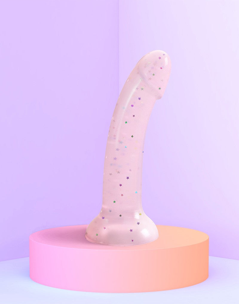 Love to Love - Dildo - Dildoll Starlight - Buigbaar - Siliconen - Met Gouden Glitterende Sterren - Roze