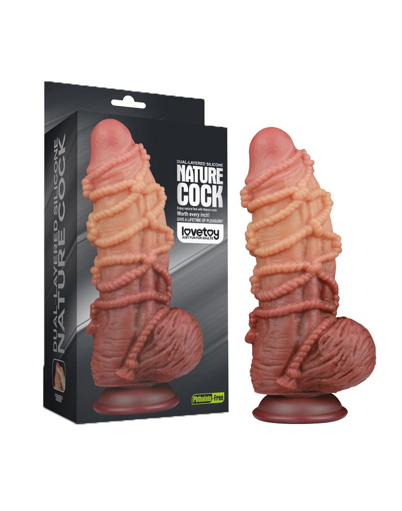 LoveToy - XXL Extreme Dildo met Touw Motief - Lengte 24 cm - Bruin/Lichte Huidskleur