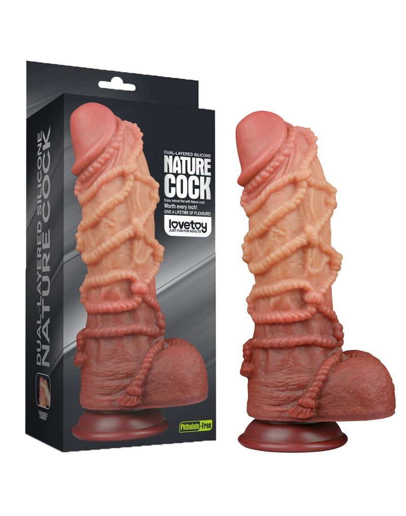 LoveToy - XXL Extreme Dildo met Touw Motief - Lengte 26.5 cm - Bruin/Lichte Huidskleur