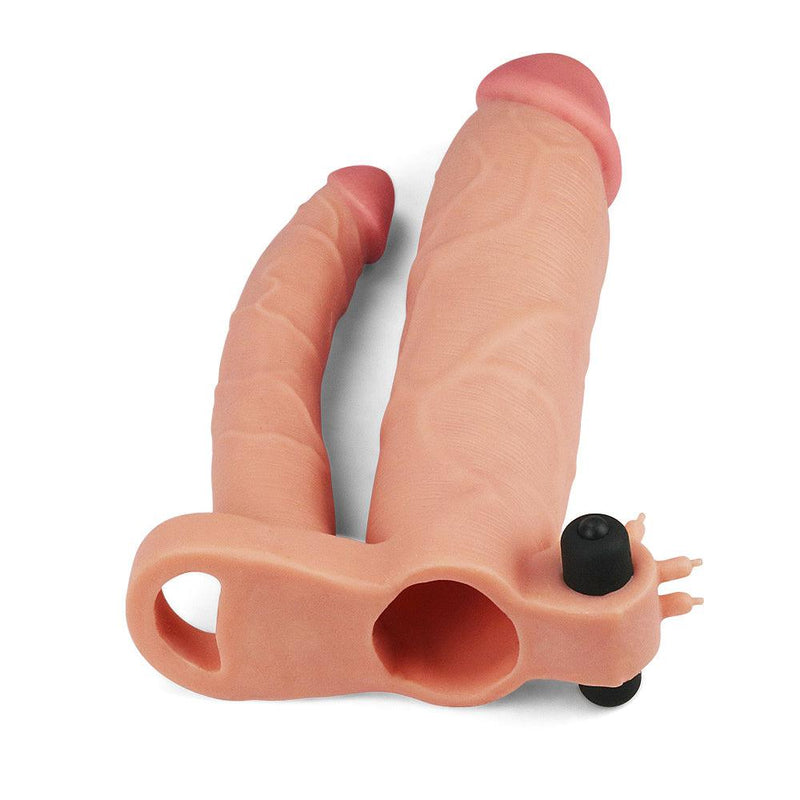 LoveToy - Pleasure X-tender Vibrerende Dubbele Penis Sleeve - 21 en 17 cm - Lichte Huidskleur