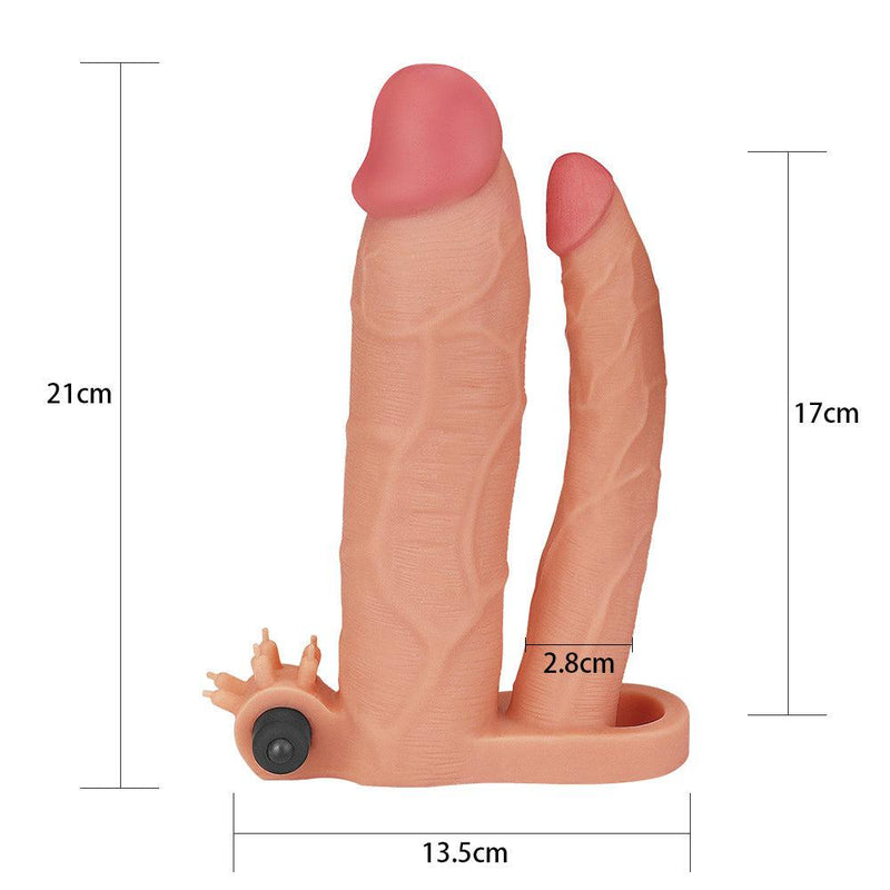 LoveToy - Pleasure X-tender Vibrerende Dubbele Penis Sleeve - 21 en 17 cm - Lichte Huidskleur