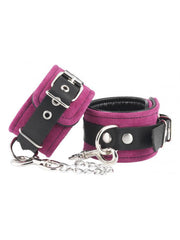 Luxe Leren Enkelboeien Met karabijnhaken En Ketting - Roze suede/Zwart leer