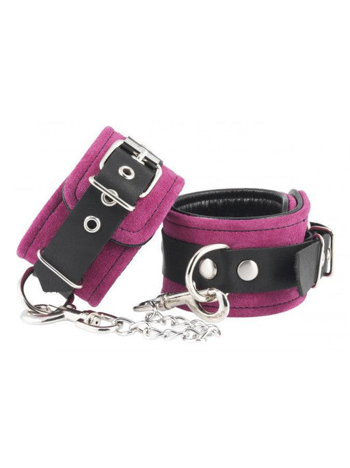 Luxe Leren Enkelboeien Met karabijnhaken En Ketting - Roze suede/Zwart leer