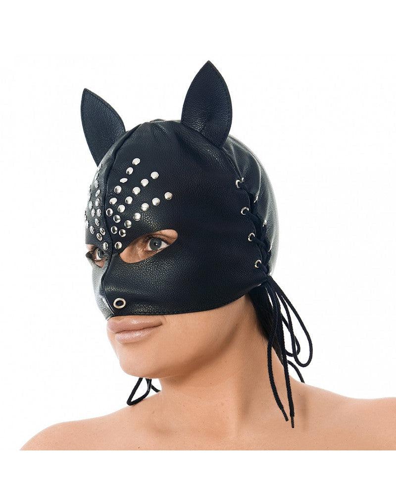 Rimba - Masker Met oortjes Zwart Leer En Metalen siernieten