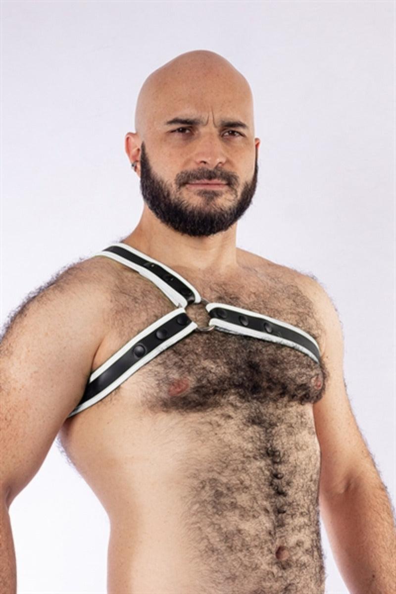 Mister B - Harnas - Neopreen Triangle Harnas - Zwart Wit - Maat L/XL-Erotiekvoordeel.nl