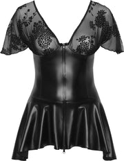 Noir Handmade - Wetlook Mini-jurkje Met Klokrokje en Elastisch Kant - Grote Maten/Plus Size-Erotiekvoordeel.nl