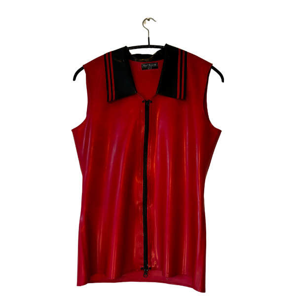 Peter Domenie - Latex Herenshirt Mouwloos met Kraagje - Rood met Zwarte Striping