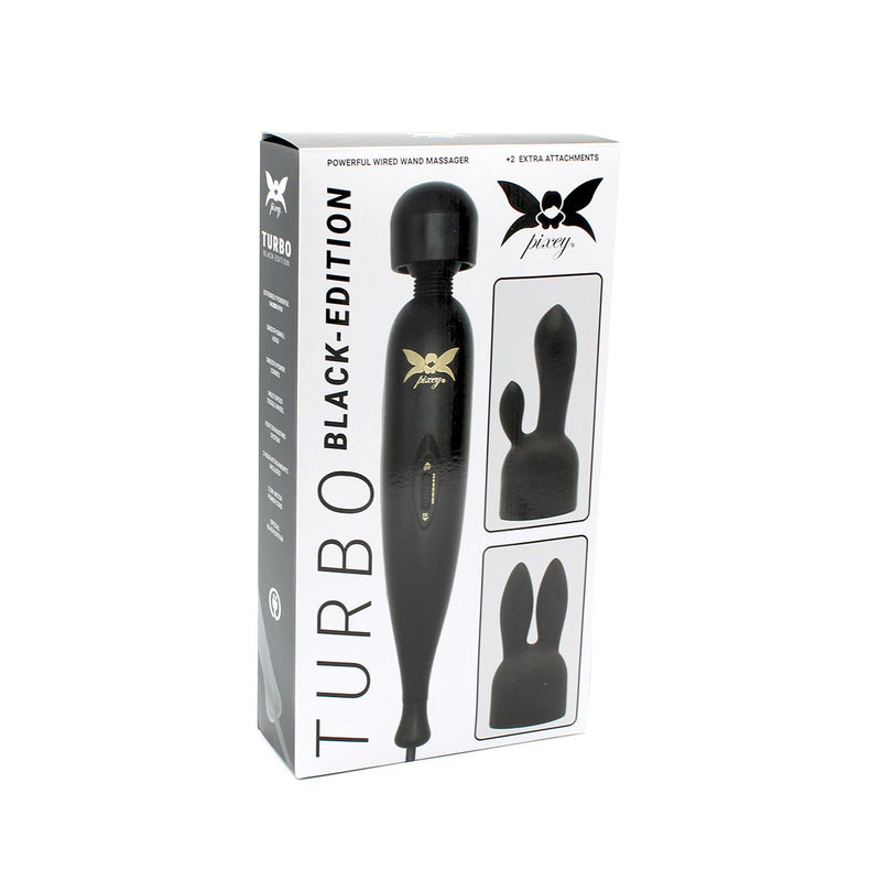 Pixey Turbo - Wand Vibrator - Massager - Black Edition - Met Twee Opzetstukken