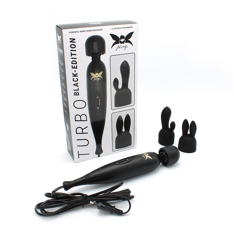 Pixey Turbo - Wand Vibrator - Massager - Black Edition - Met Twee Opzetstukken