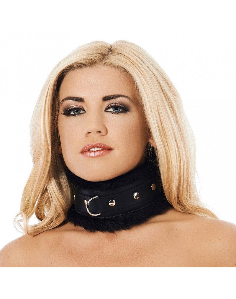 Rimba - Collar Leer Breed En Gevoerd Met Kunstbont - Zwart