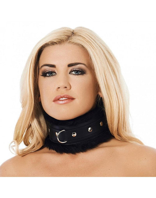 Rimba - Collar Leer Breed En Gevoerd Met Kunstbont - Zwart