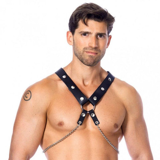Rimba Bondage Play - Tuigje - Riemen borst Harnas Leer Heren Met Metalen Kettingen - Zwart