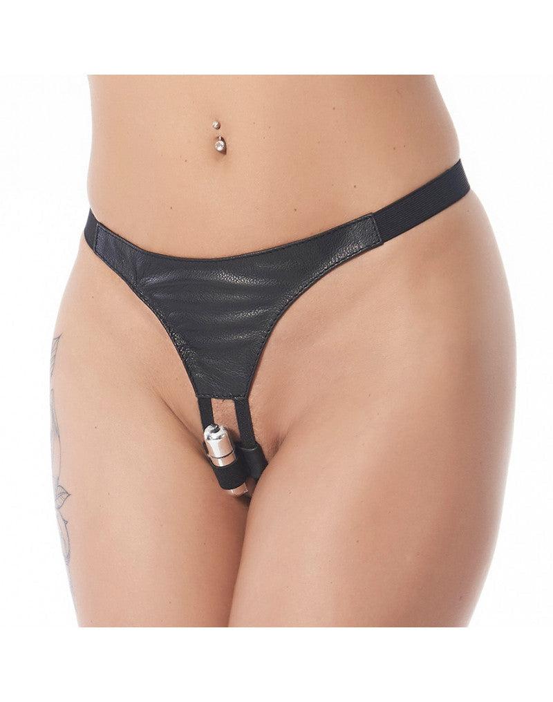 Rimba Bondage Play - Vibrerend Slipje - Vibrerende Lingerie Met Bullet Vibrator - G String - Leer - Zwart