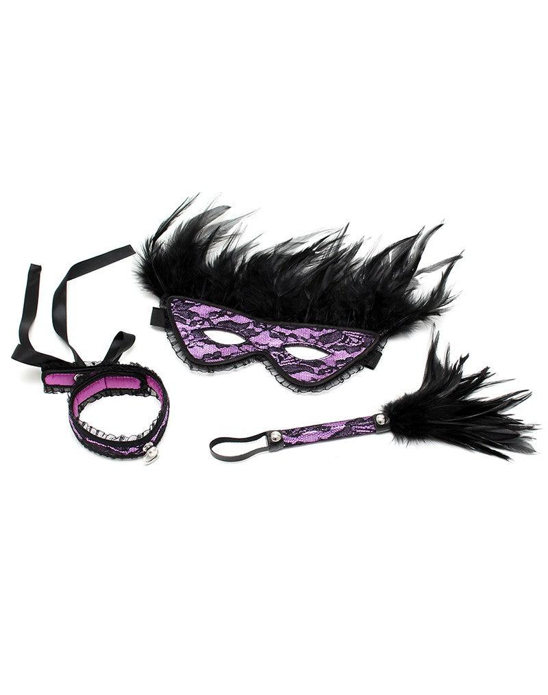Rimba - Burlesque BDSM Set met Masker en Zweepje - Paars/Zwart