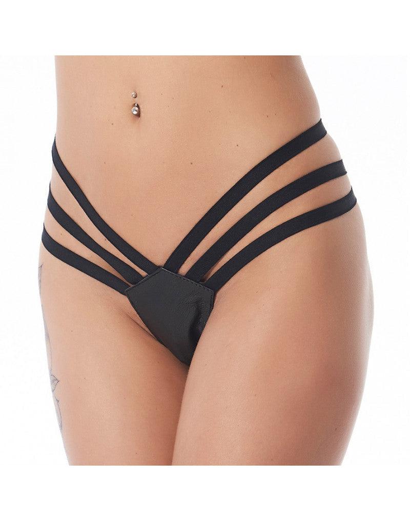 Rimba - Lederen G-String Met Elastische bandjes - Zwart