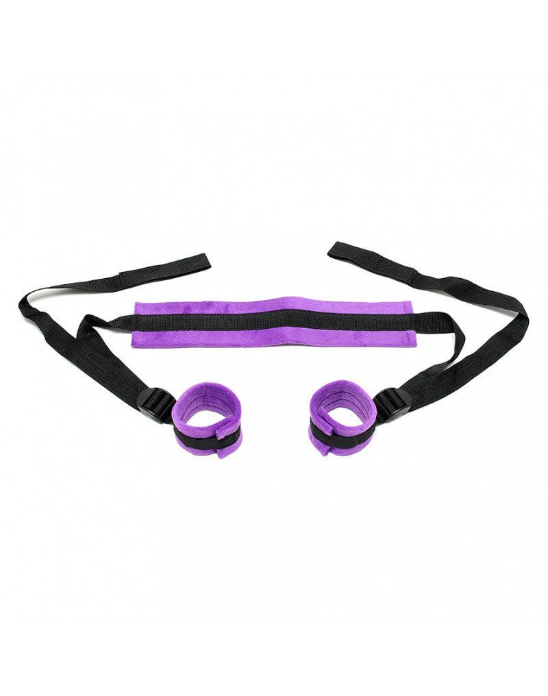 Rimba - Soft Bondage Fixatieband Met Voetboeien - Paars/Zwart