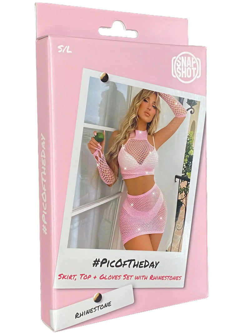 Snapshot - #picoftheday - Visnet Rokje, Top en Handschoenen met Strass steentjes - One Size - Roze-Erotiekvoordeel.nl